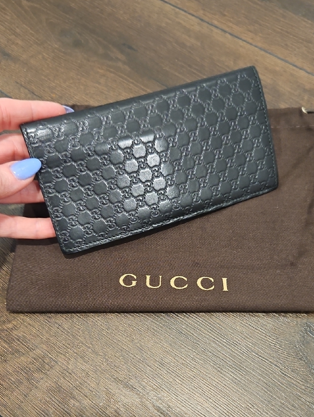 Gucci Black Micro Guccissima Embossed Long Foldover Wallet + Branded Dustbag